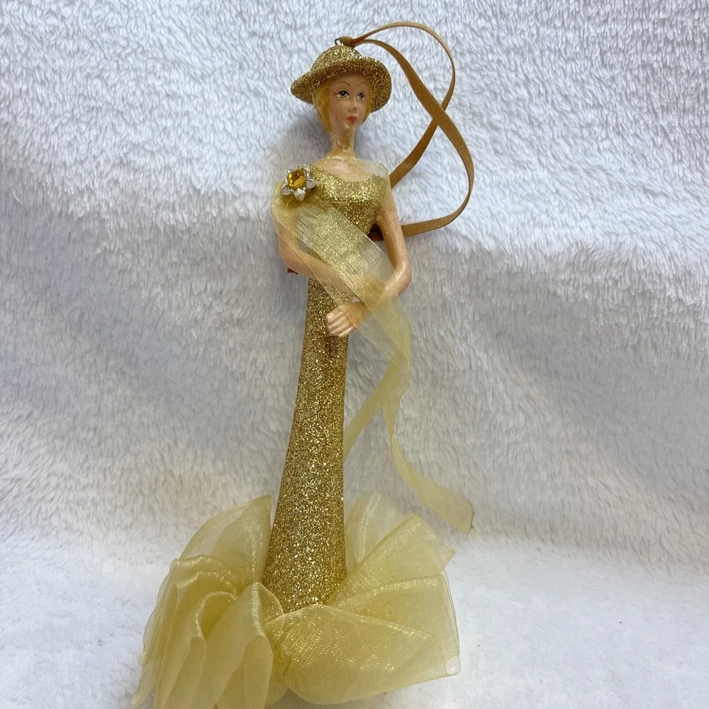 Gold Glitter Dress Figurine Woman Ornament Hat Elegant‎ Sparkle Holiday Decor